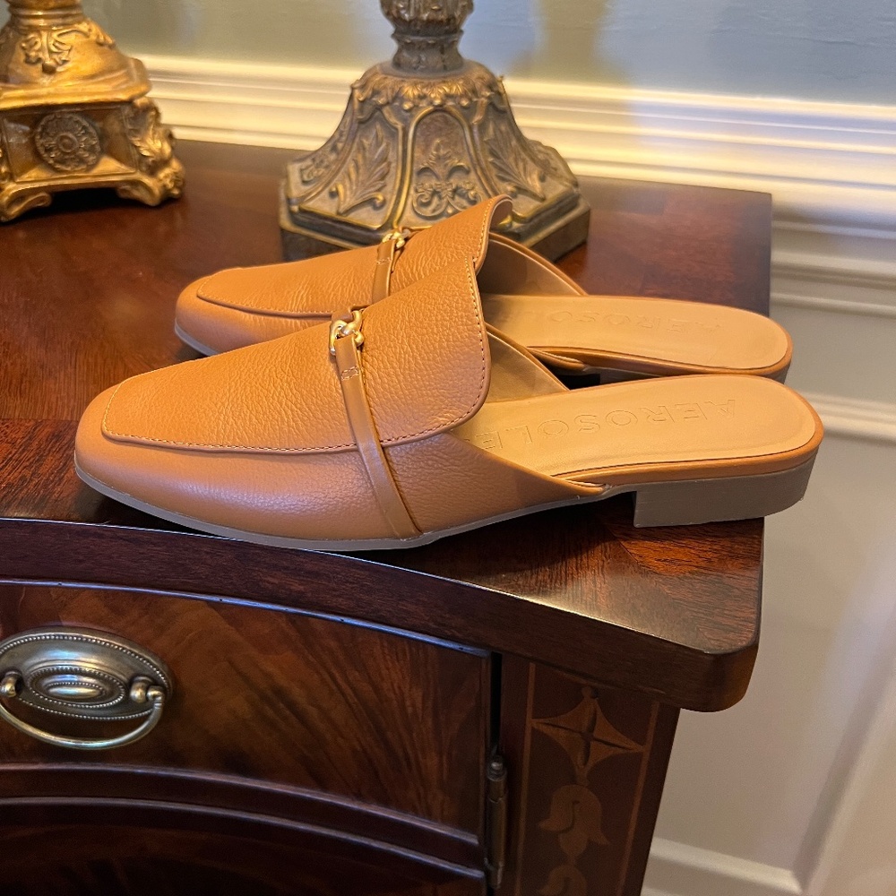 AEROSOLES Tan Leather Slip-On Mules with Gold Accent - Picture 4 of 6